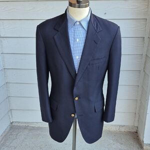 SOUTHWICK Dark Navy Solid Gold Logo Buttons Mens‎ Sz 40 S Sport Coat Blazer VTG